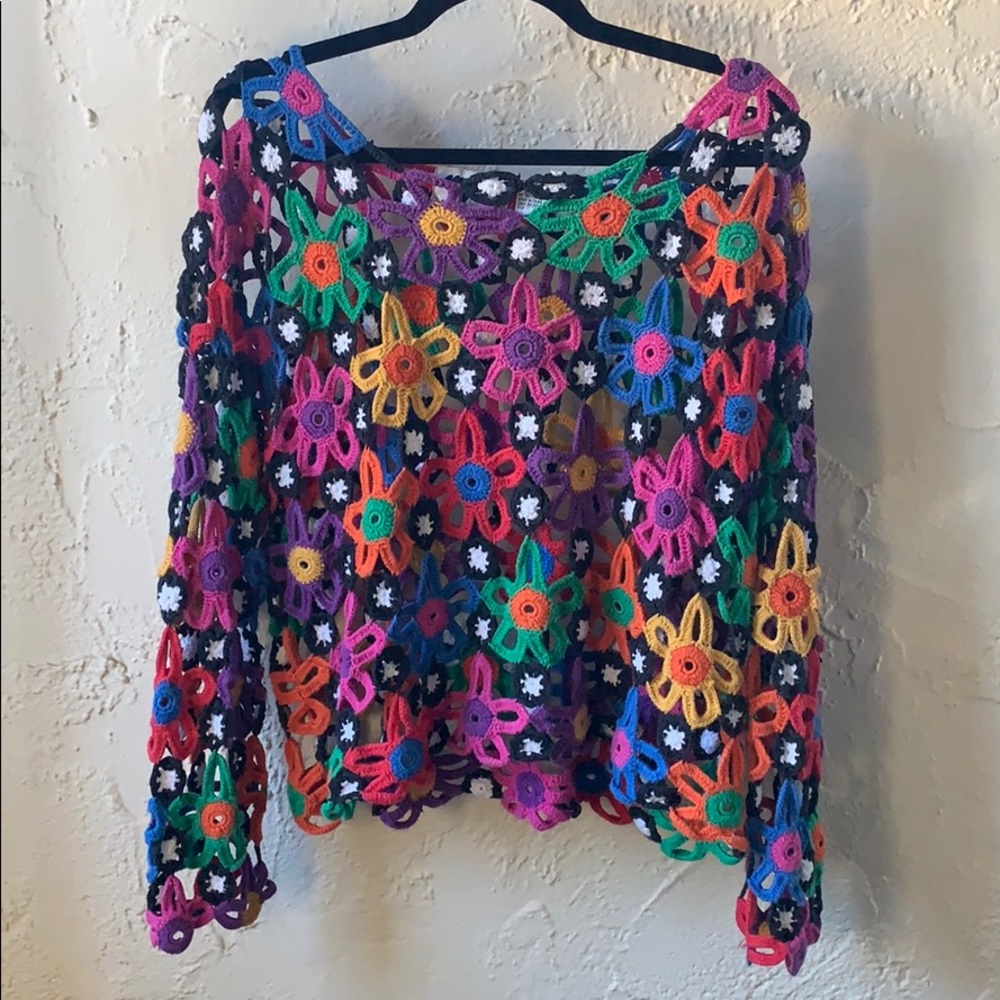 Vintage “My” rainbow flower crochet sweater